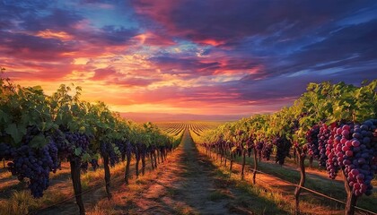 Naklejka premium Sunset vineyard with rows of grapevines and colorful sky.