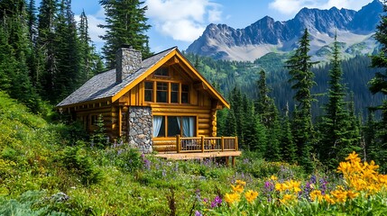 Fototapeta premium Secluded cabin nestled in wildflower meadow with mountains in the background