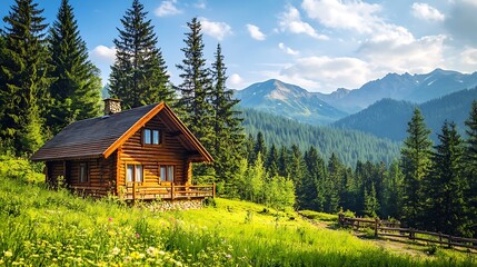 Scenic cabin nestled amongst trees with mountains in the background.