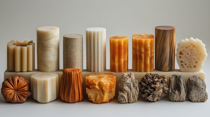 Collection of artisan soap bars displayed in unique shapes and textures