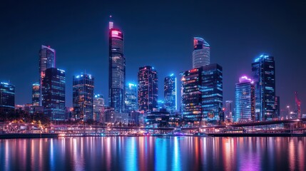 Naklejka premium Illuminated metropolis skyline reflecting in calm water at night