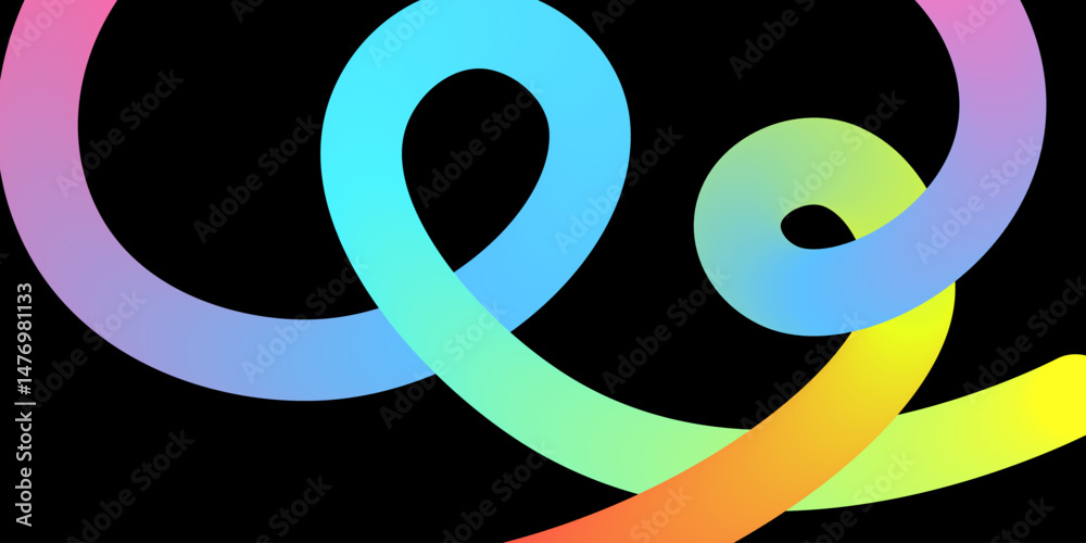 Poster Vibrant rainbow gradient ribbon swirling in a fluid loop on black. Modern abstract background perfect for digital art, tech visuals, or motion design. Vector EPS 10