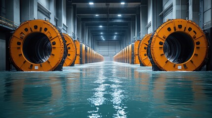 Industrial setting featuring large orange cylinders in water
