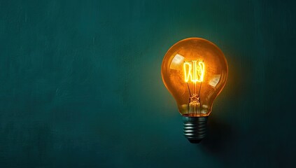 Light bulb on a blue background with copy space for your text, an innovation and creativity concept. A yellow light bulb glowing on a dark green wall background.