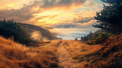 Coastal Path at Dusk: Golden hour paints a scenic trail by the ocean.