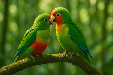 Fototapeta premium Playful Parrot Companionship: A Vibrant Close-Up