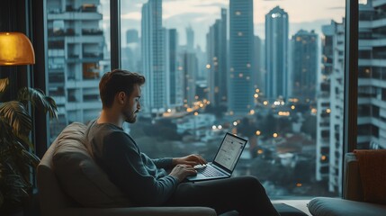 A man is seated on a couch, working on a laptop.