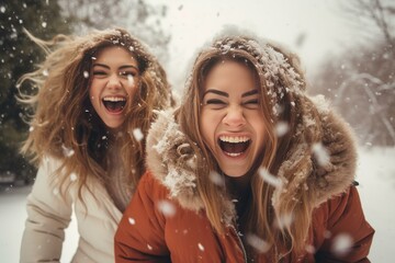 Obraz premium Two cheerful female friends are having fun laughing during a snowfall in winter