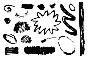 Collection of brush strokes, ink splatter, grunge lines, and artistic design elements. Dirty textures, black silhouettes, and torn paper set, ideal for social media banners, graphic design