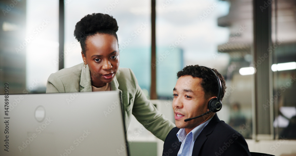 Poster people, computer and call center with training in office, help with team leader for communication an