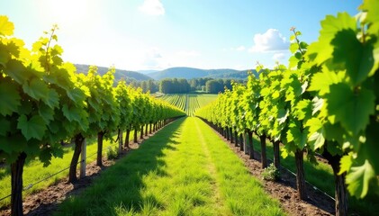 Naklejka premium Lush green vineyard backdrop at a winery, sunny day , scenic, green background, getaway