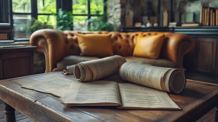 Cozy indoor study with vintage books and papers on wooden table