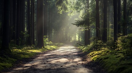 Obraz premium Sunlight filters through the trees, illuminating a path into the forest.