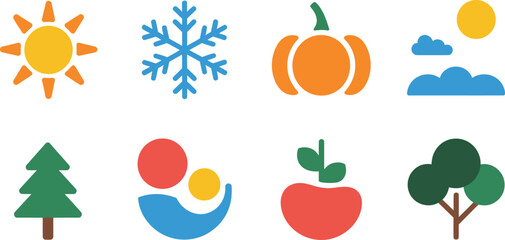 Colorful icons representing seasons and nature elements in a simple flat design