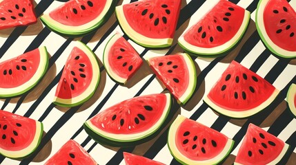 Fresh watermelon slices are displayed on a vibrant, striped background. The image showcases juicy watermelon segments against a patterned backdrop.