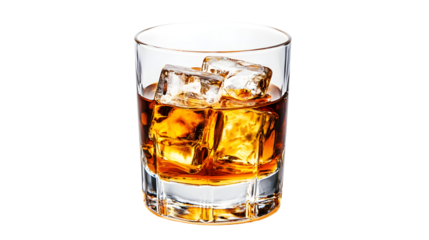 Premium Glass of Scotch Whiskey with Ice on White Background