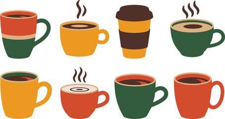 Fototapeta premium Colorful illustration of various coffee cups and mugs featuring steam and hot beverages