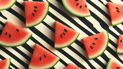 A vibrant photo showcases a collection of watermelons arranged on a striped background. The image features a colorful display of these fruits.