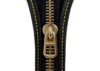 A black gold zipper, in a clipart style, isolated on a transparent background with margins