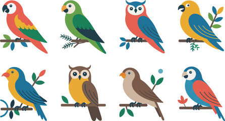 Colorful vector illustrations of various bird species perched on branches with detailed feathers