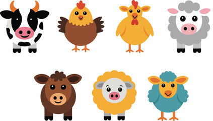 Cute cartoon farm animals including cows chickens sheep and a brown calf in flat design
