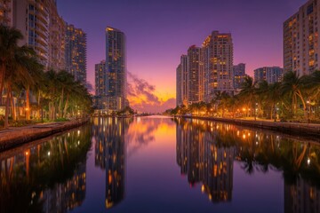 Fototapeta premium Waterway reflects city skyline against purple twilight