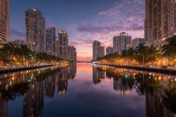 Naklejka premium Cityscape skyline at dusk with water reflection