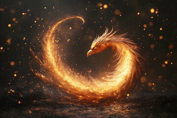 A fiery, mythical bird with plumage of swirling flames, embers, and sparks, coiled in a circular form against a dark background