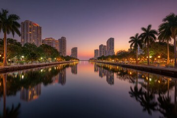 Obraz premium City buildings water reflection Miami Florida