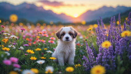 Obraz premium A charming puppy rests amongst a colorful flower field during a beautiful sunset scenery.