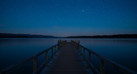 Fototapeta premium Lake Pier at Night with Starry Sky