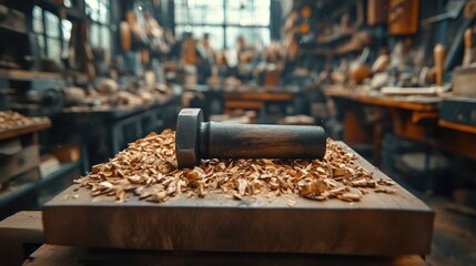 Woodworking tool on shavings in artisan workshop with natural light