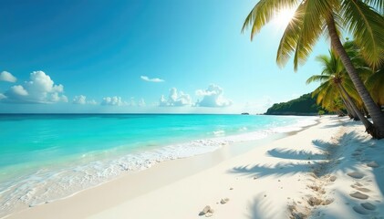 Sun-drenched beach scene with turquoise water and white sand , landscape, seaside