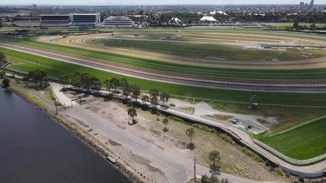 Aerial drone captures Flemington Racecourse in Melbourne on a bright summer day