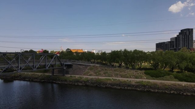 Aerial drone above river and nature reserve in Footscray, Melbourne