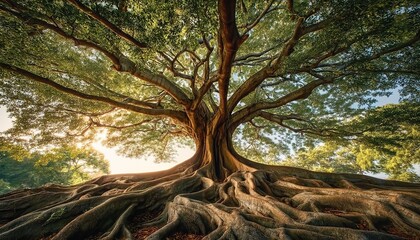 Fototapeta premium Ancient tree with sprawling roots and dense foliage in sunlit forest setting.