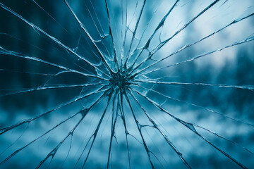 A close up shot of shattered glass with a blue tint and cracks radiating from the center point