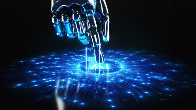 Artificial Intelligence Creating Project with Growing Buildings. Robot Hand Activating Ai Architecture Generator. Futuristic Neural Network Tools Illustration. Machine Learning Technology Concept.