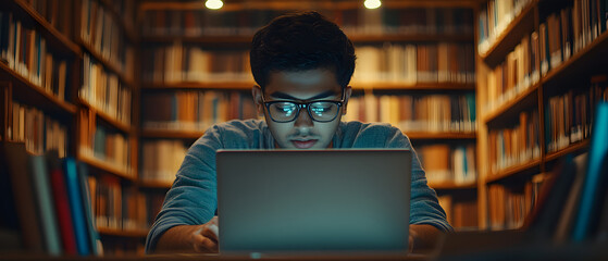 Focused young Indian student using laptop in a quiet campus library setting, deeply engaged with online academic resources, representing modern digital education and self-driven learning culture.