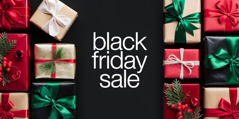 Wrapped gifts with red, green, and white ribbons, arranged on a black background, announcing a Black Friday sale, symbolizing holiday shopping and festive deals