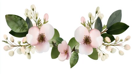 Fototapeta premium Watercolor floral wreath with soft pastel flowers and green leaves on white background