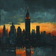 Fototapeta premium Twilight City Skyline with Illuminated Tower