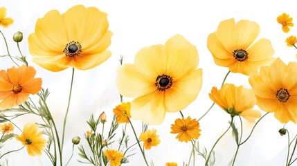 Fototapeta premium Watercolor-painted cosmos flowers in yellow hues, layered with real floral elements