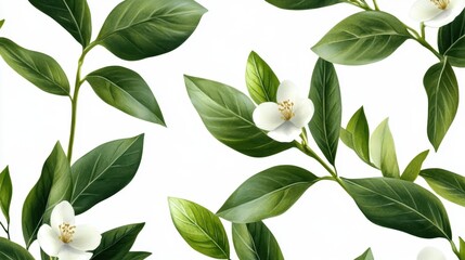 Obraz premium Wax flower and green leaves repeating on white, fresh botanical style wallpaper