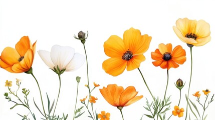 Fototapeta premium Watercolor-painted cosmos flowers in yellow hues, layered with real floral elements