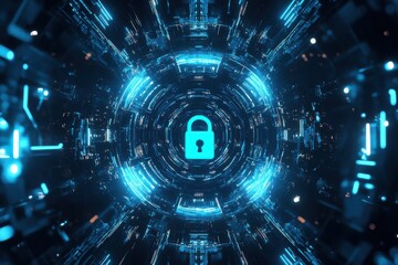 Obraz premium Digital security concept featuring a glowing blue padlock icon surrounded by futuristic technology elements, representing data protection and cybersecurity in a virtual environment