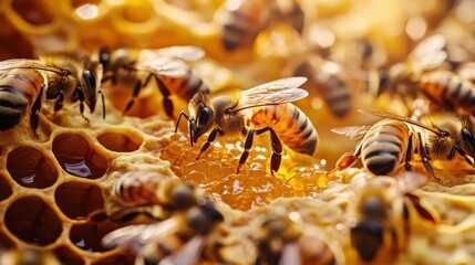 Closeup honeycomb and bees