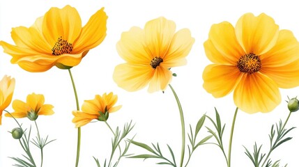 Fototapeta premium Yellow cosmos flowers in a seamless watercolor wash, bright and cheerful botanical concept