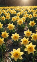 Obraz premium Dense cluster of daffodils basking in sunlight, springtime, garden, wildflowers