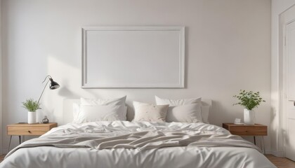 Empty white picture frame against bedroom wall, natural light from window ,  empty,  design,  window